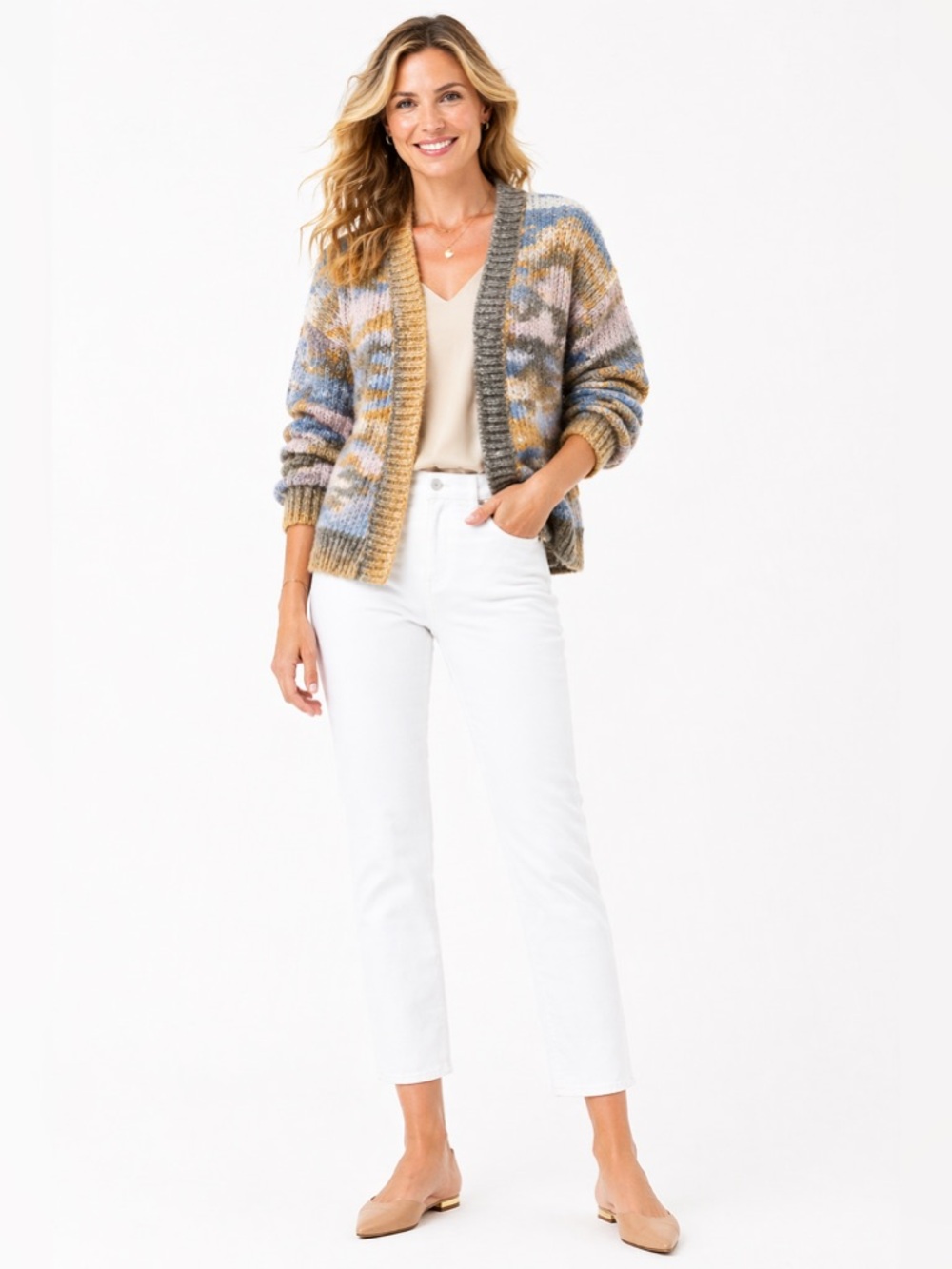 Davi & Dani Multicolor Knit Cardigan - Yellow, Gray, Pink